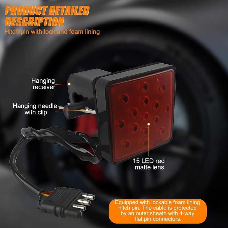 HZEL Trailer Hitch Receiver Cover with 15 LED Brake Lights, Super Bright Vehicle Lamp Tail Light Fit 2" Receiver, Auto Exterior Lighting Accessories, Universal for Towing Truck RV SUV (Red) - Image 3